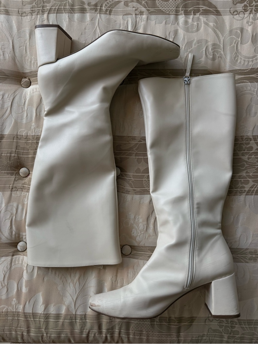 ALOHAS Cream Knee-High Block Heel Boots with Side Zip